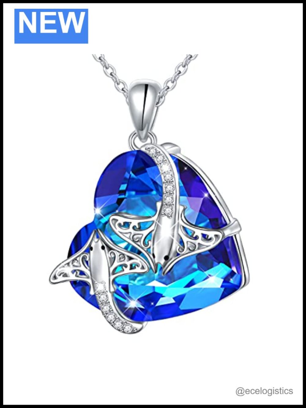 Sterling Silver Manta Ray Pendant Necklace with Blue Heart Crystal